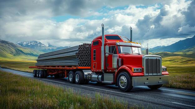 Red American semi hauling steel pipes across an open highway